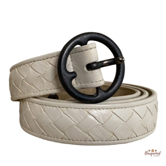 Authentic Bottega Veneta Cream Leather Intrecciato Woven Leather Belt Size 90/36